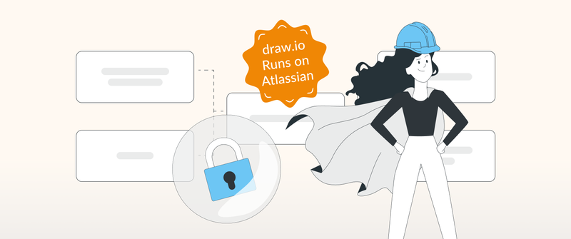 Drawn comic woman with a helmet next to an orange draw.io Runs on Atlassian badge