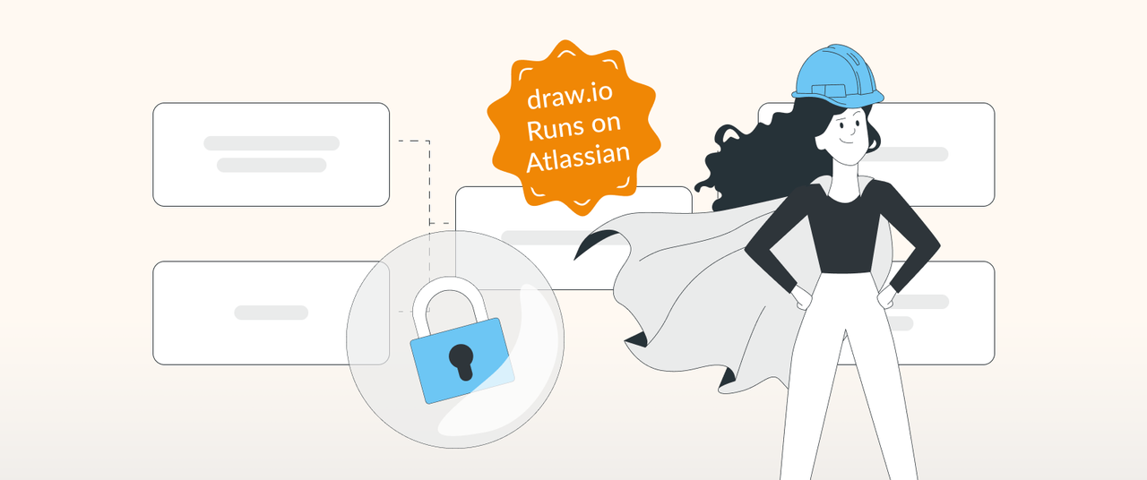 Drawn comic woman with a helmet next to an orange draw.io Runs on Atlassian badge