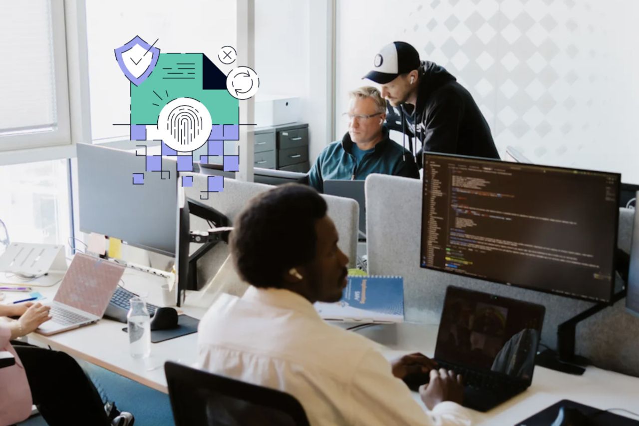 Laptop with code editor connected to security lock icons via dotted lines