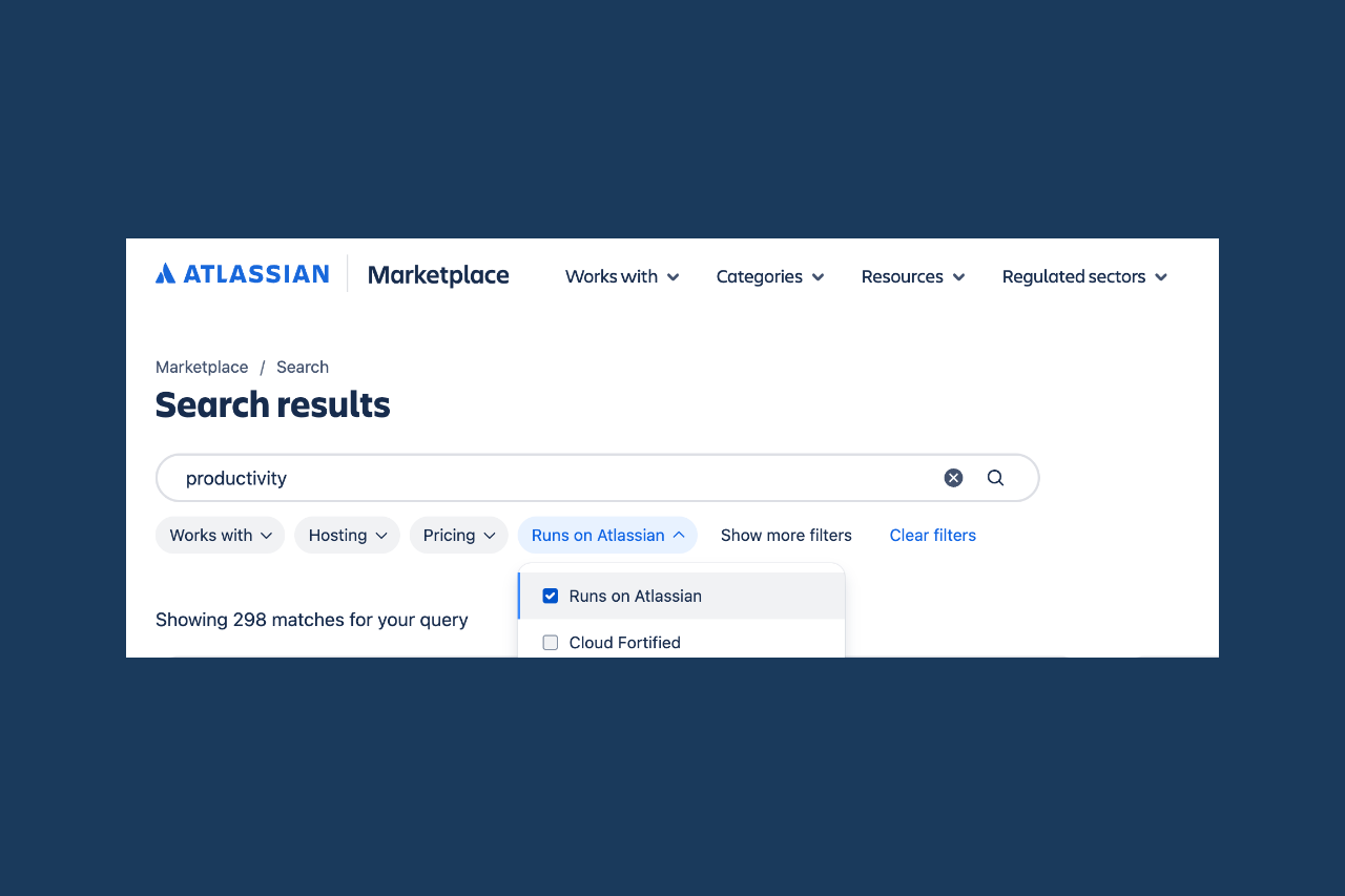 Atlassian Marketplace search results filtered by the Runs on Atlassian badge
