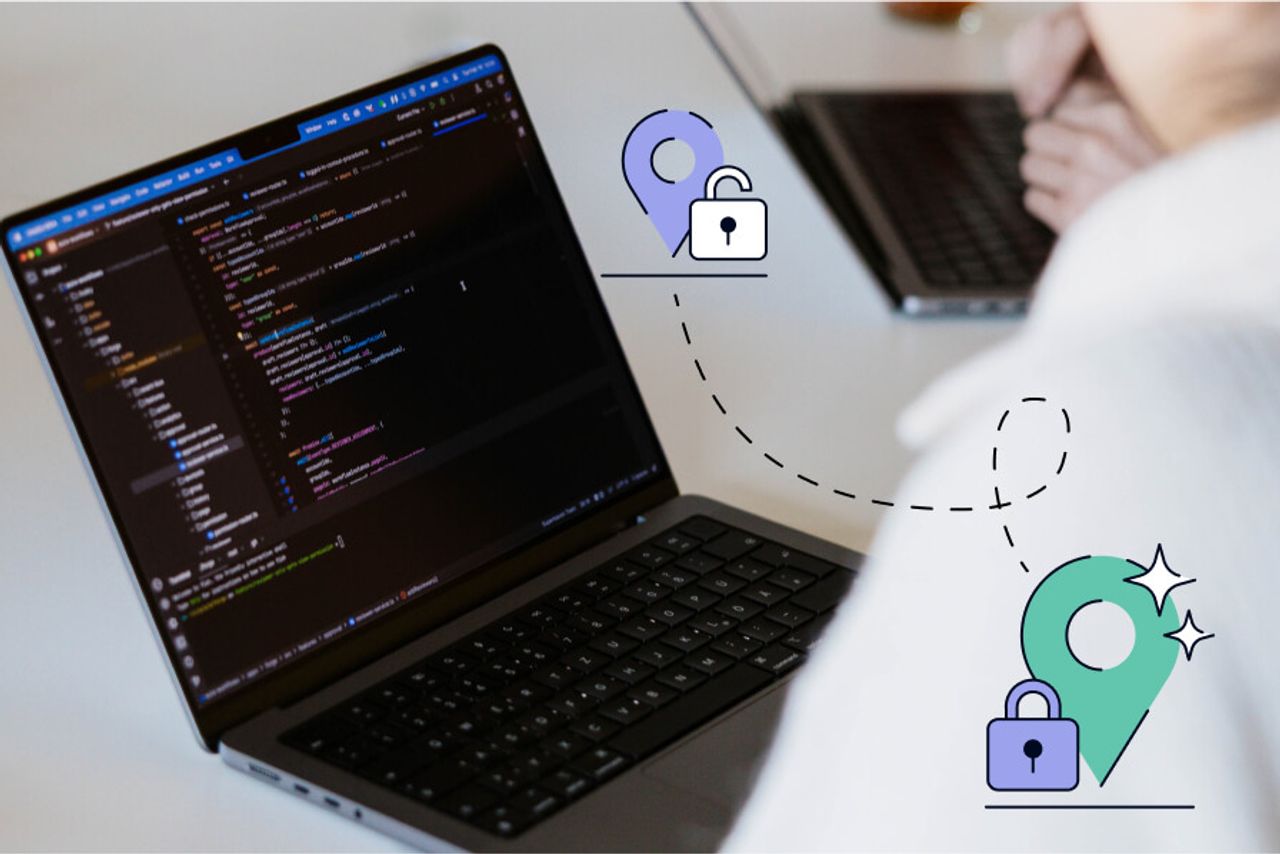 Laptop with code editor connected to security lock icons via dotted lines