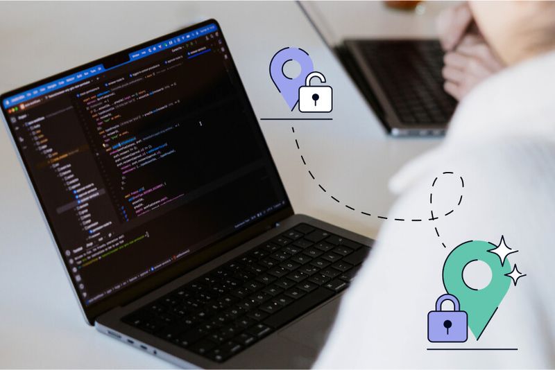 Laptop with code editor connected to security lock icons via dotted lines